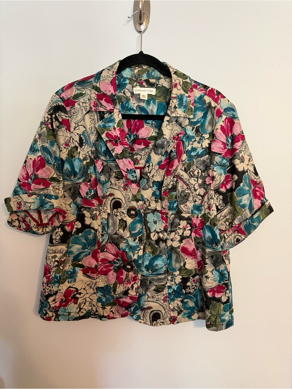 Coldwater Creek Floral Cotton Blazer Short Sleeve Jacket Plus Size W16 Pink Teal